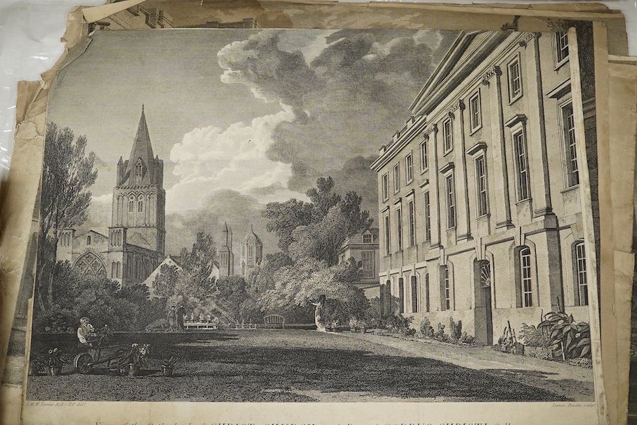 A collection of 18th and 19th century prints, etchings and engravings to include: some examples after J M W Turner, ‘Inside view of the east end of Merton College Chapel’ and ‘View of the Cathedral of Christchurch, part